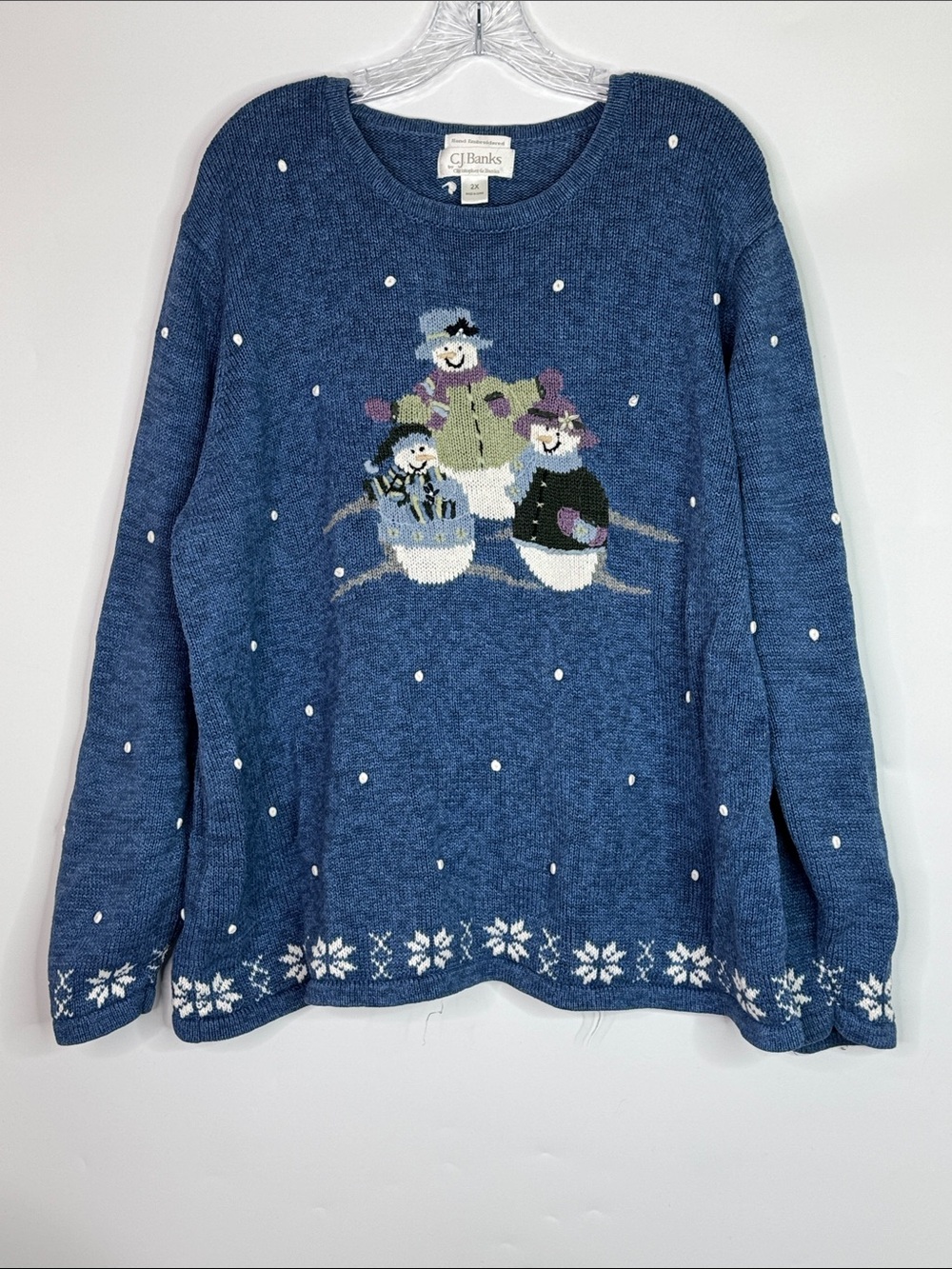 CJ Banks Hand Embroidered Blue Snowman Winter Sweater Size 2X